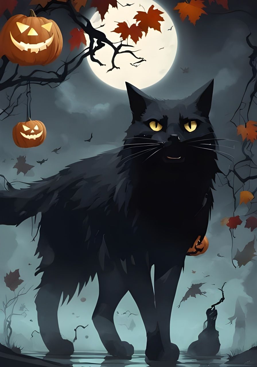 Eerie Halloween Night with Black Cat