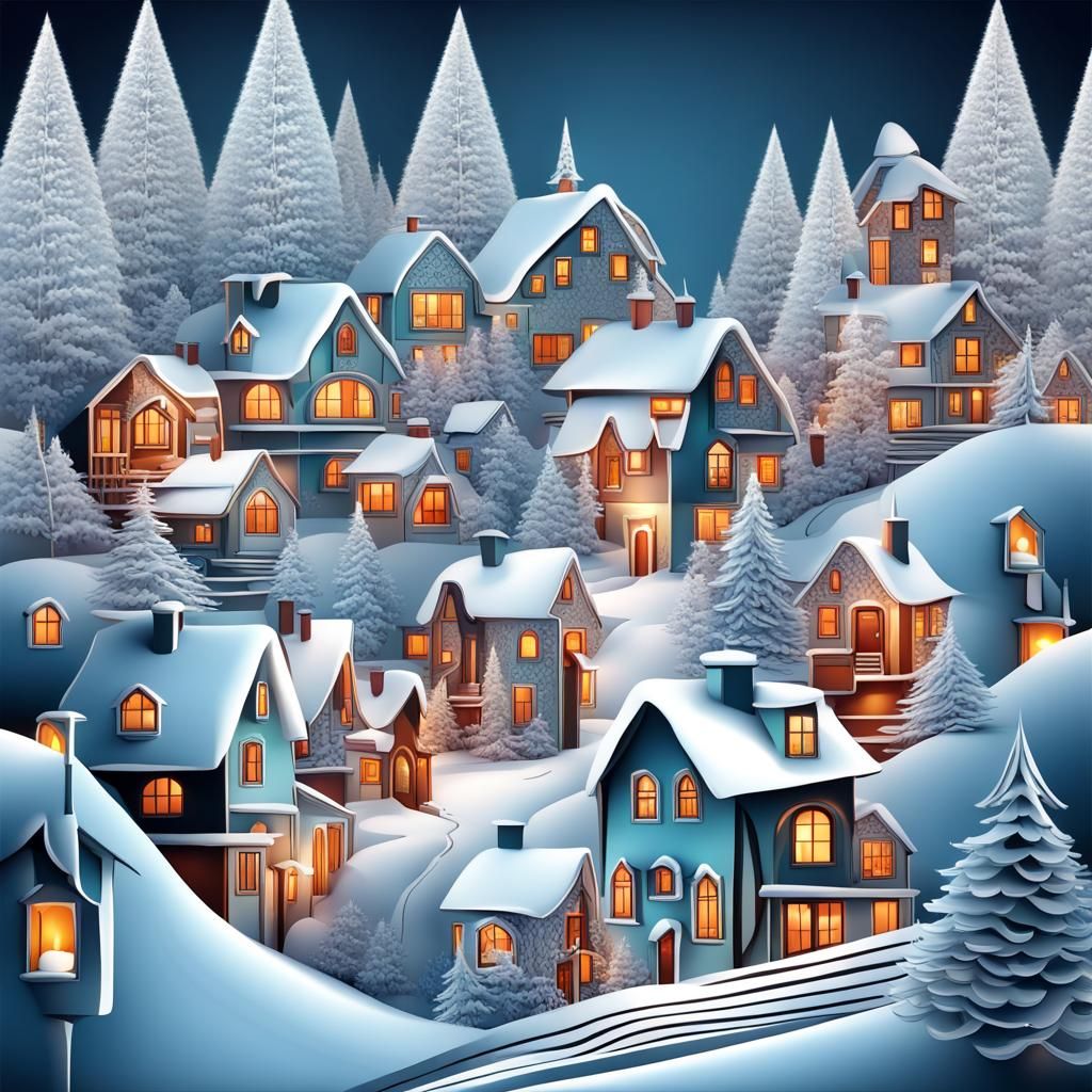 Festive Christmas Village with Abstract Fractal Design