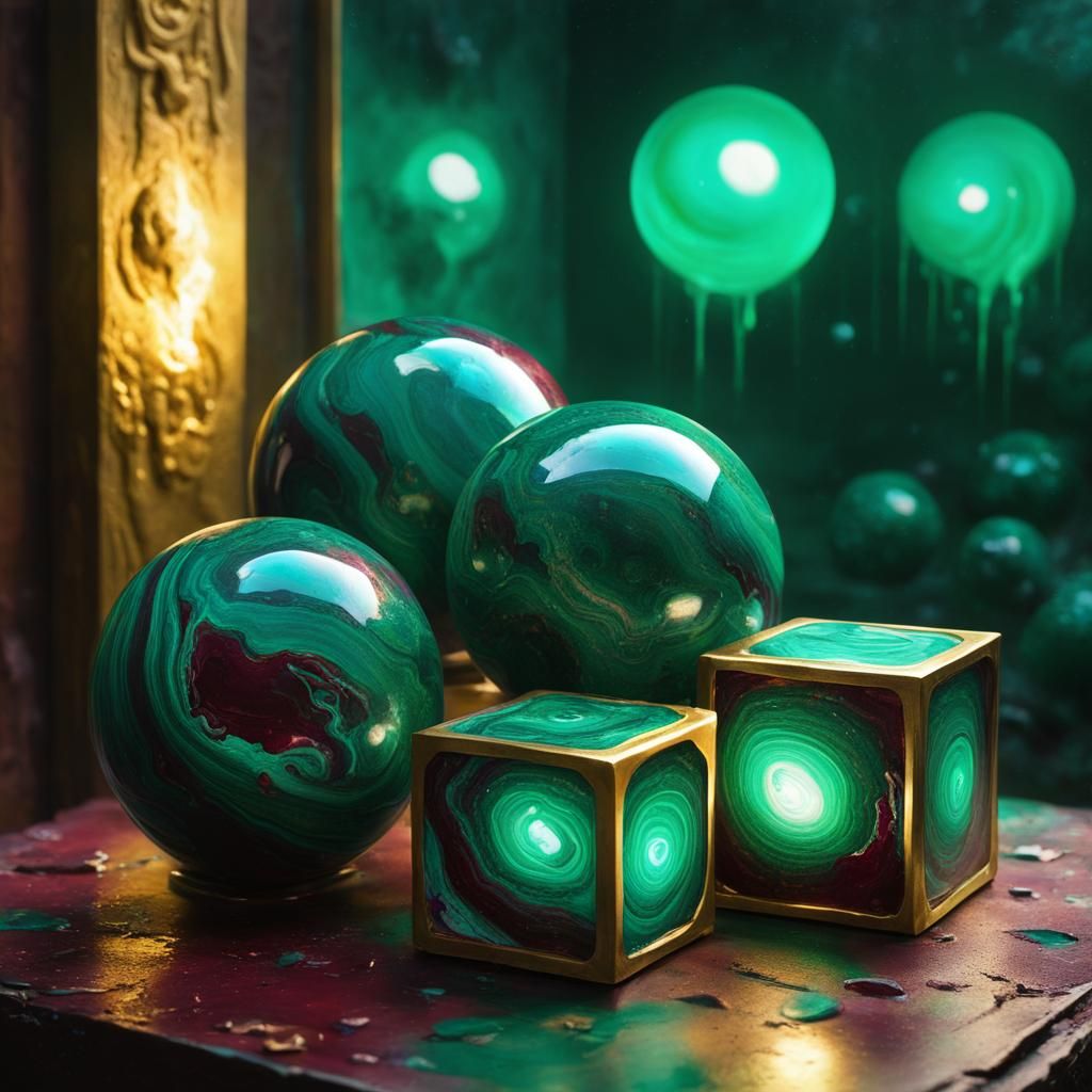 Bioluminescent Orbs and Malachite Cubes in Graffiti Art Styl...
