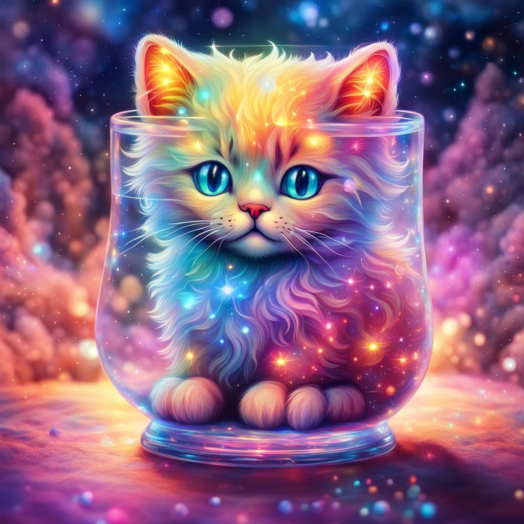 Sparkling Cosmic Cat in Glass: Holographic Illustration