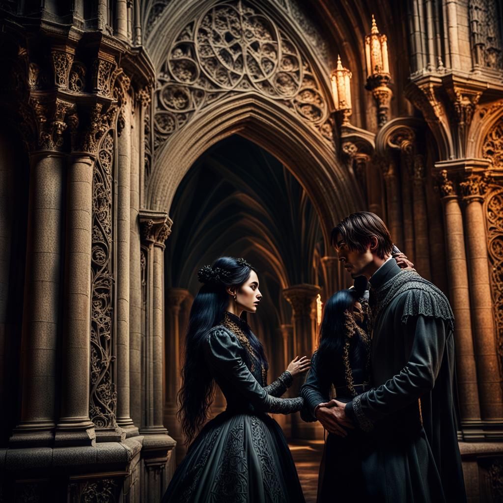 Gothic Couple Embrace in Castle Hall