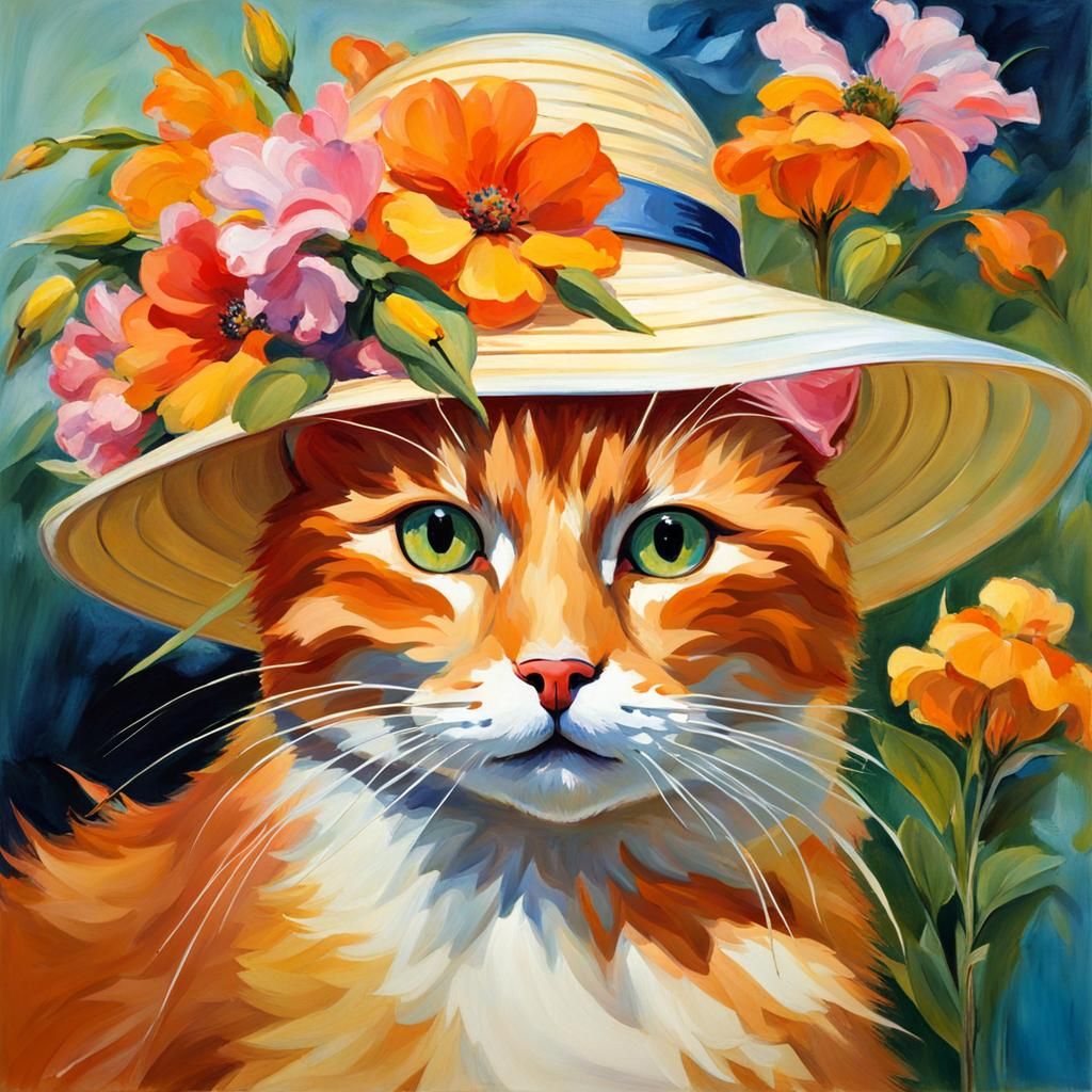 Marmalade Cat in Sunhat: Impressionistic Painting