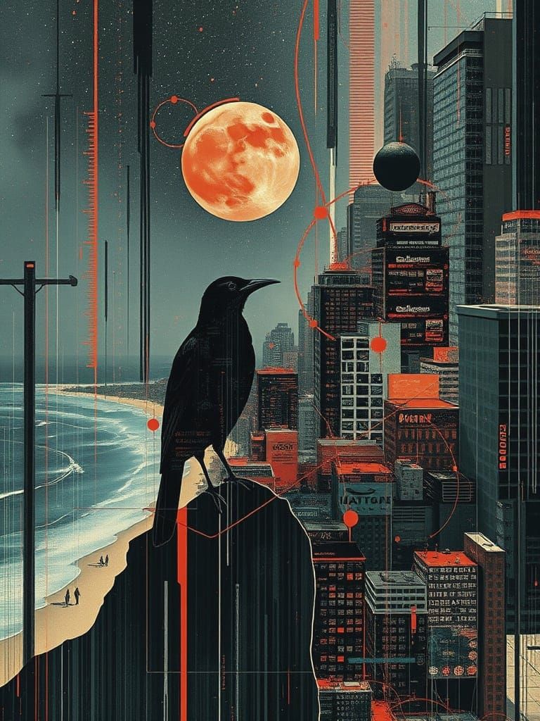 Surreal Darkwave Dreamscape with Corvid and Cityscape