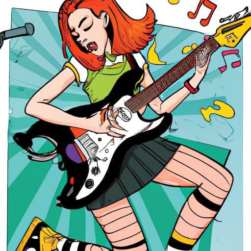 Redhead Punk Rock Girl Guitarist in Comic Style