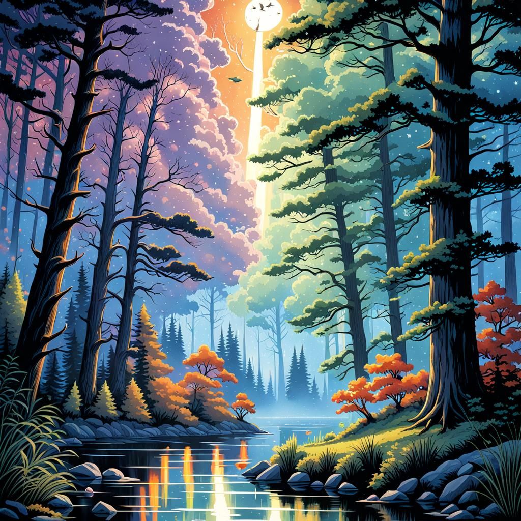 Watercolor Lake with Stars and Fireflies