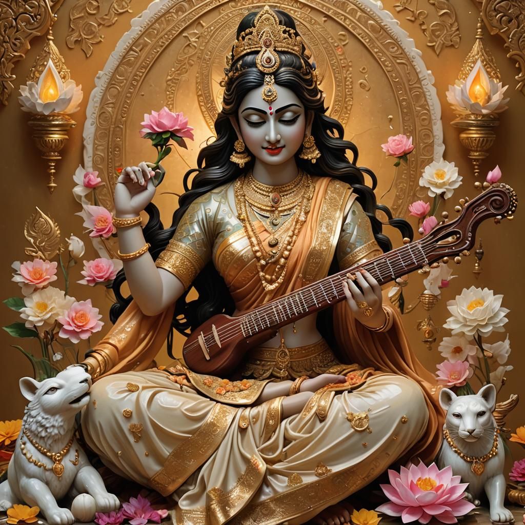 Saraswati with Veena in Splash Art Style