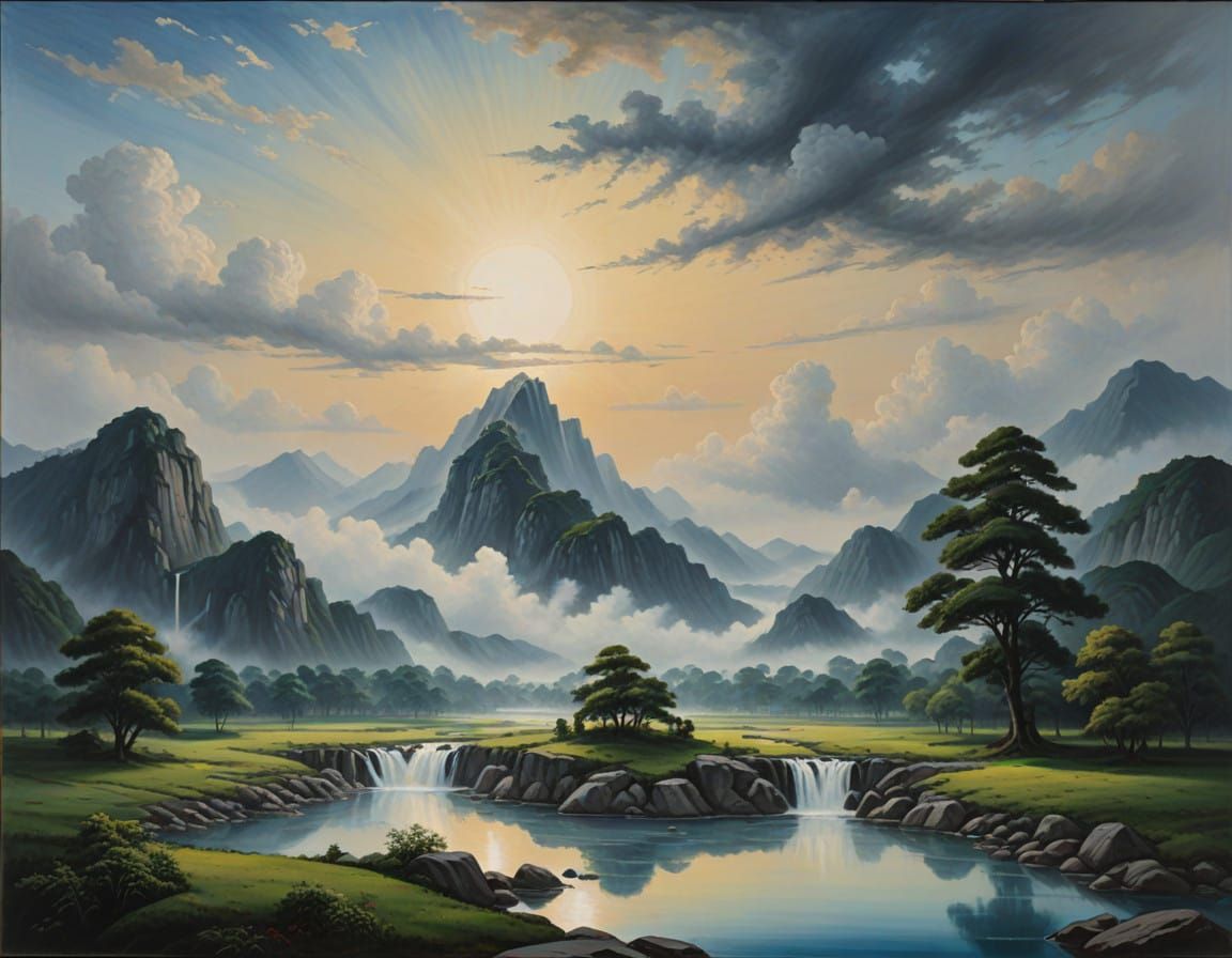 Ethereal Cosmic Landscape in Oil Painting Style