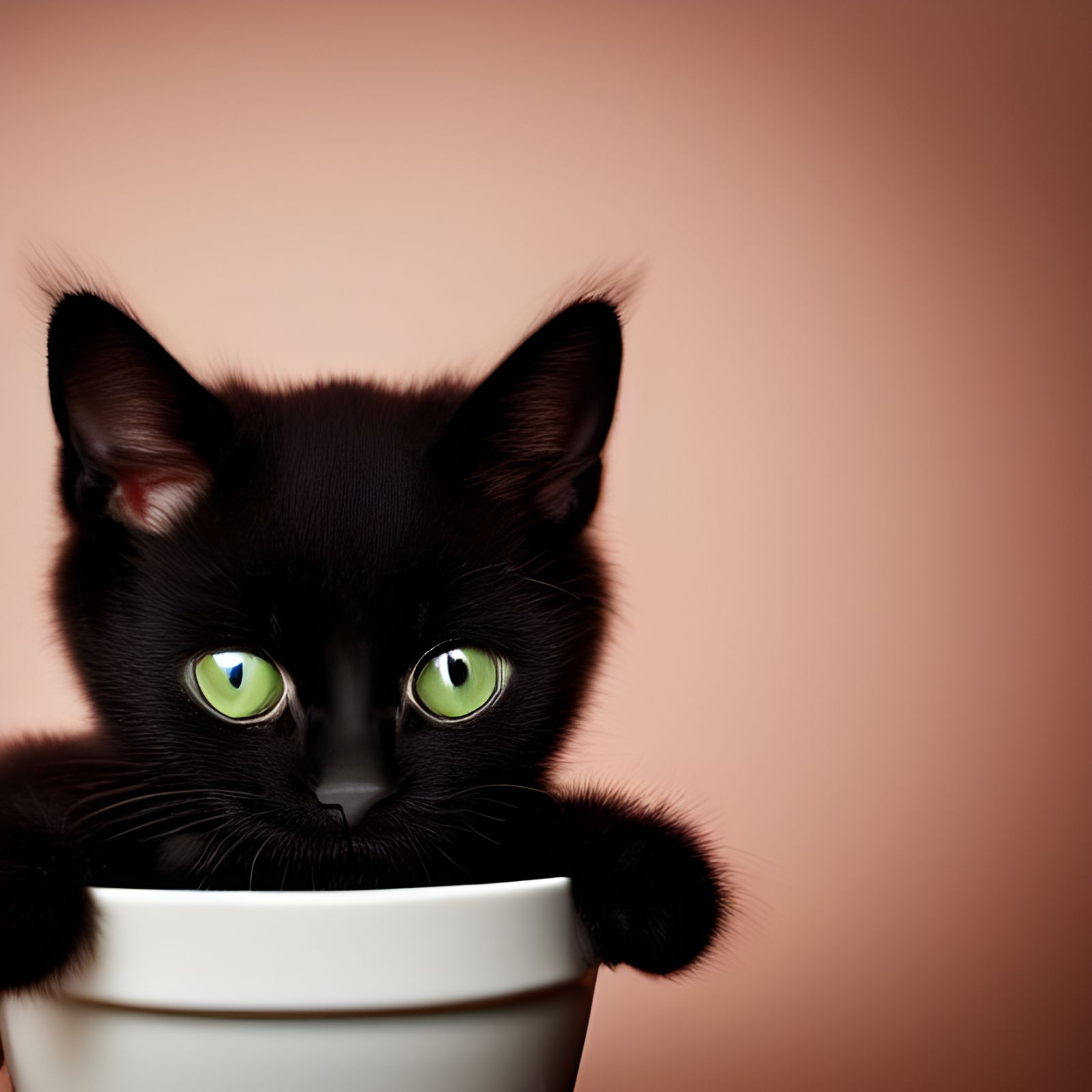Fluffy Black Kitten in Teacup, Professional Studio Photo