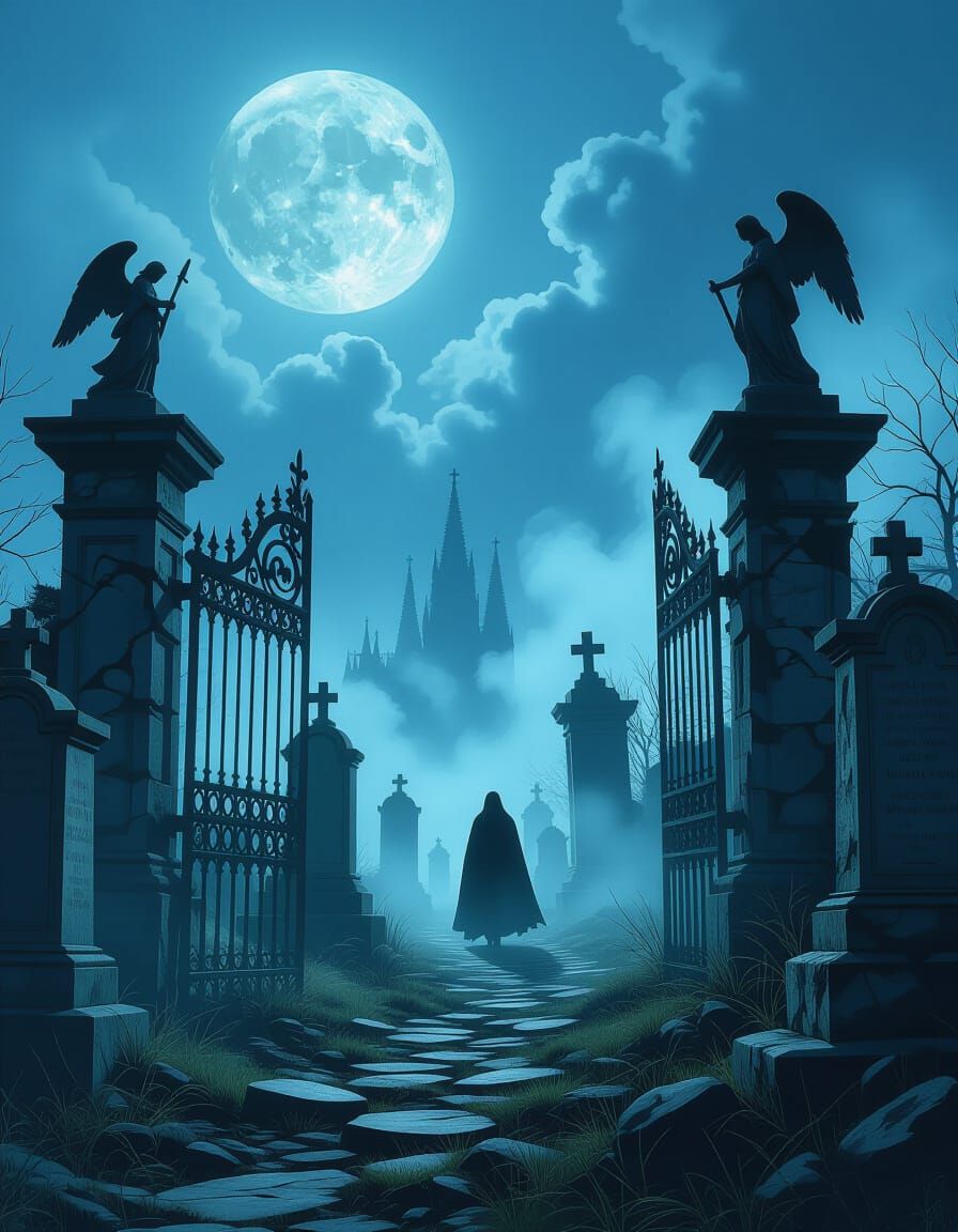Eerie Graveyard Scene Under Full Moon