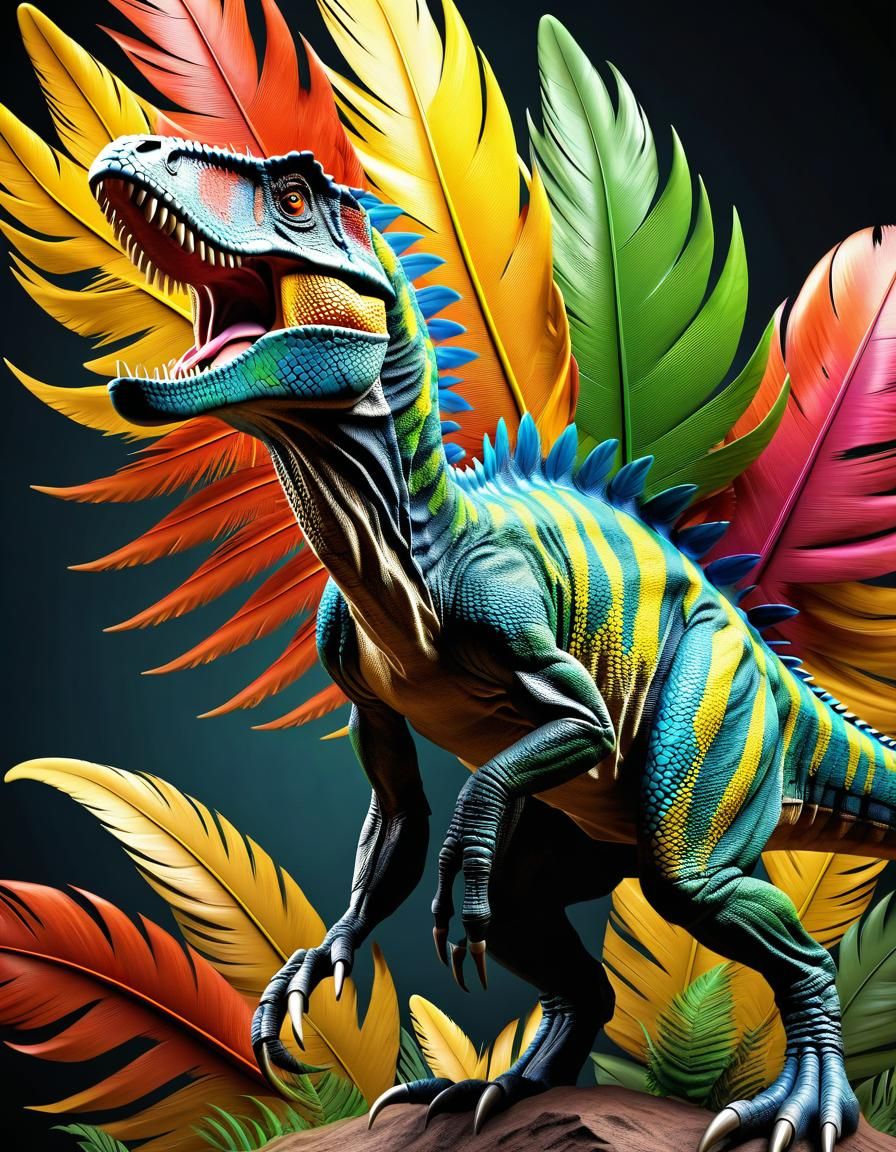 Colorful Feathered Dinosaur in Jurassic Landscape
