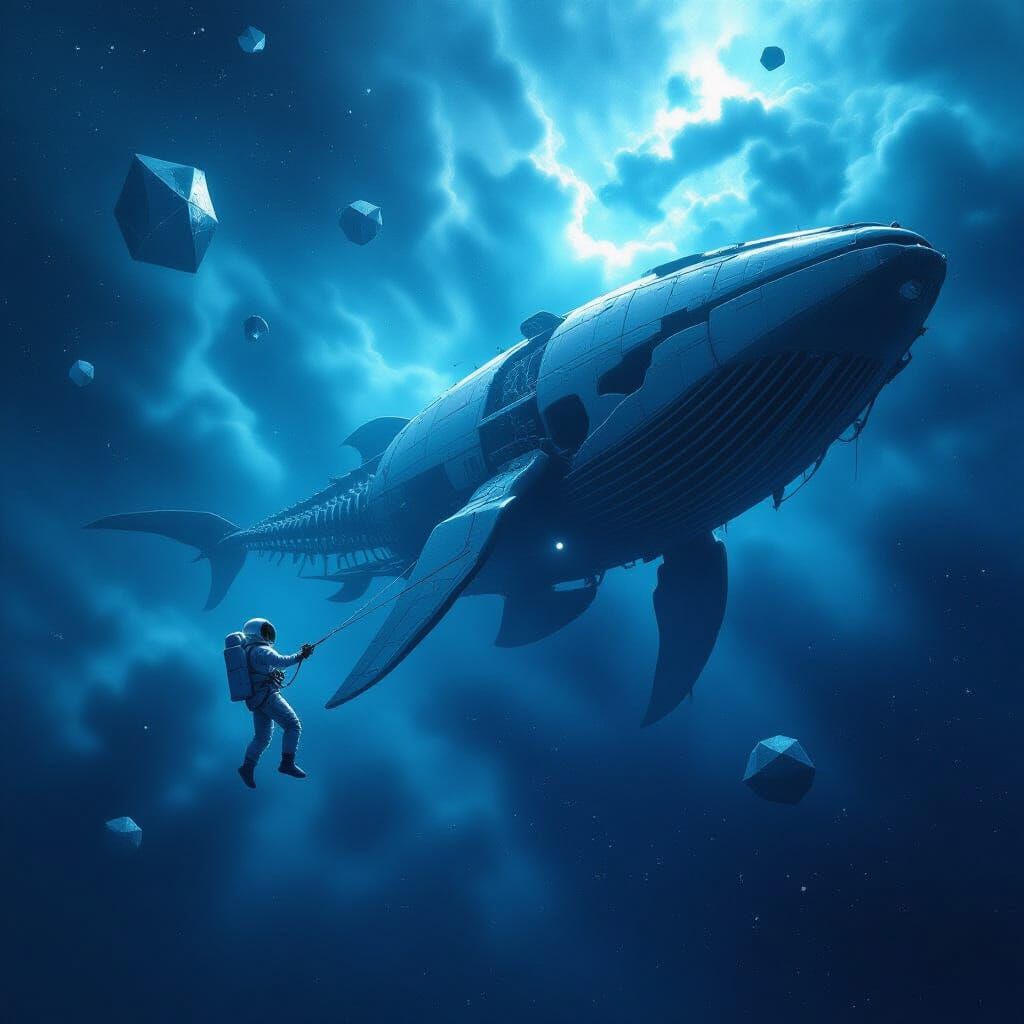 Astronaut Adrift by Whale Skeleton Ship in Cosmic Nebula