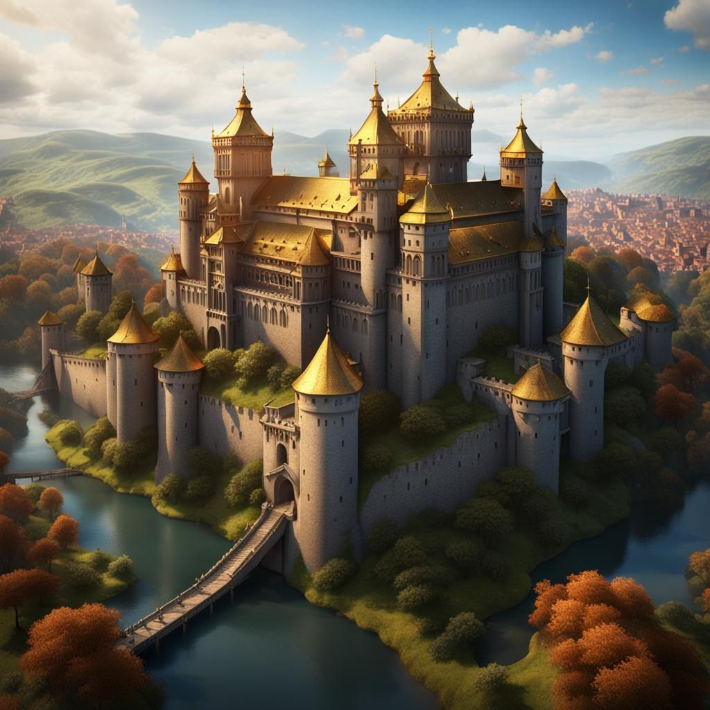 Medieval Royal Palace with Towers and Rope Bridges