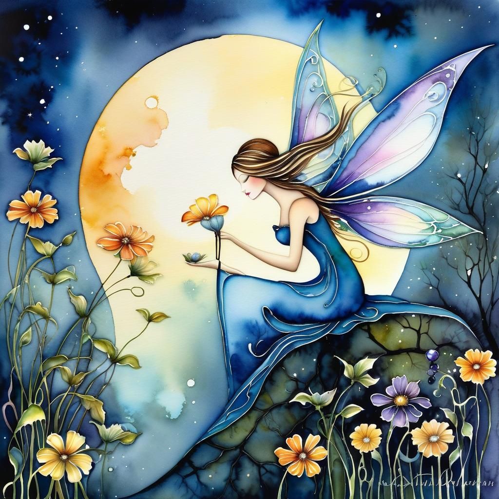 Enchanting Moonlit Fairies in Watercolor Style