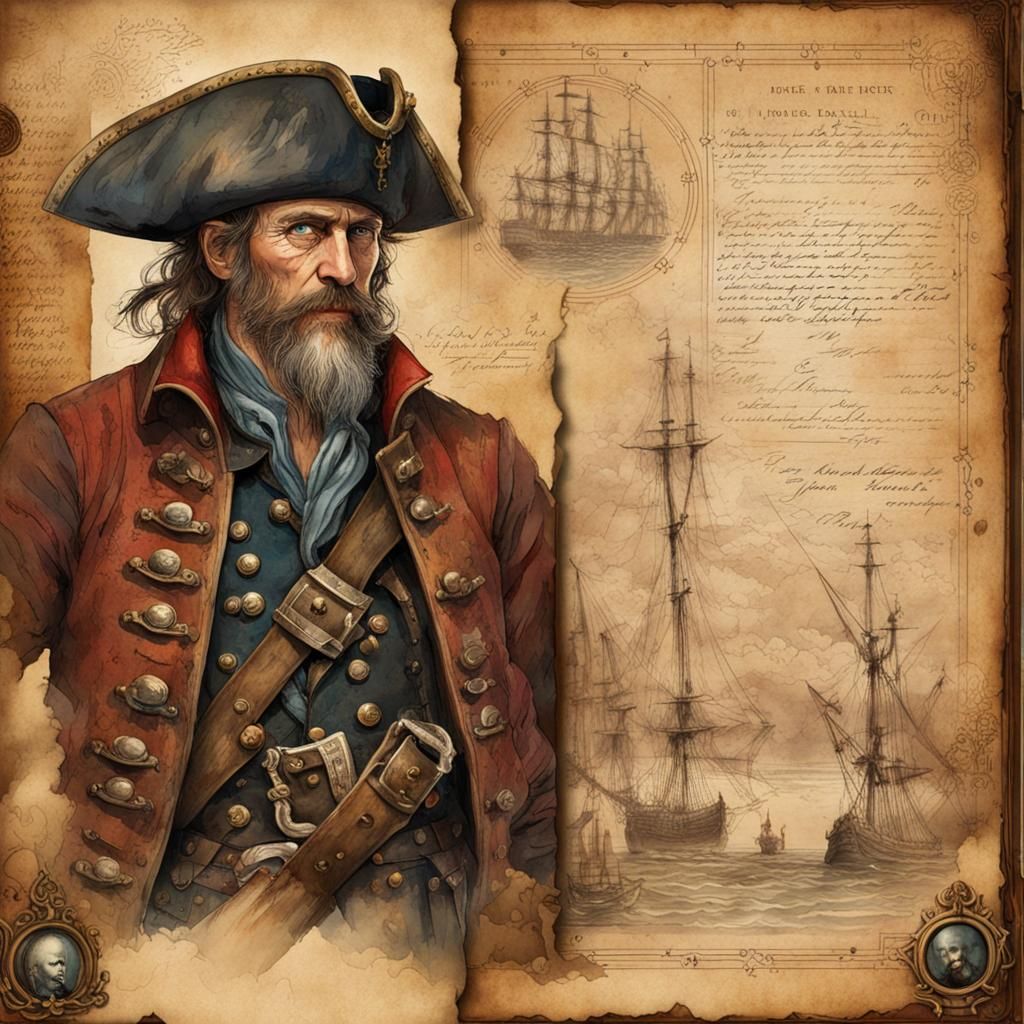 Pirate Portrait on Parchment in Watercolor Style