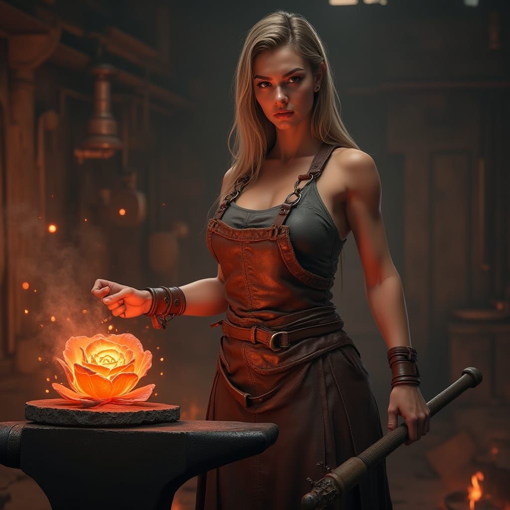Confident Female Blacksmith Wields Hammer in Traditional For...