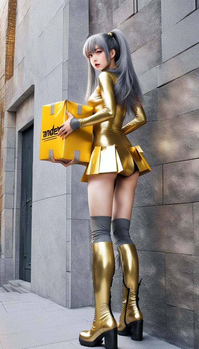 Anime Woman in Gold Latex with Delivery Package