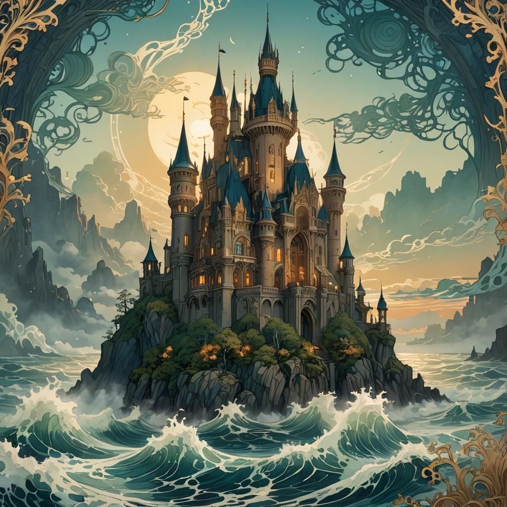Mystical Castle Seascape in Art Nouveau Style