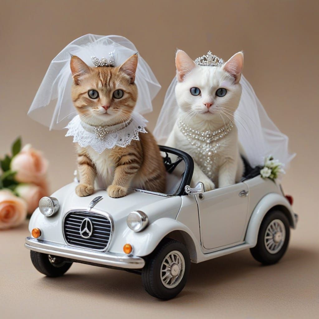 Feline Wedding Couple in Miniature Car