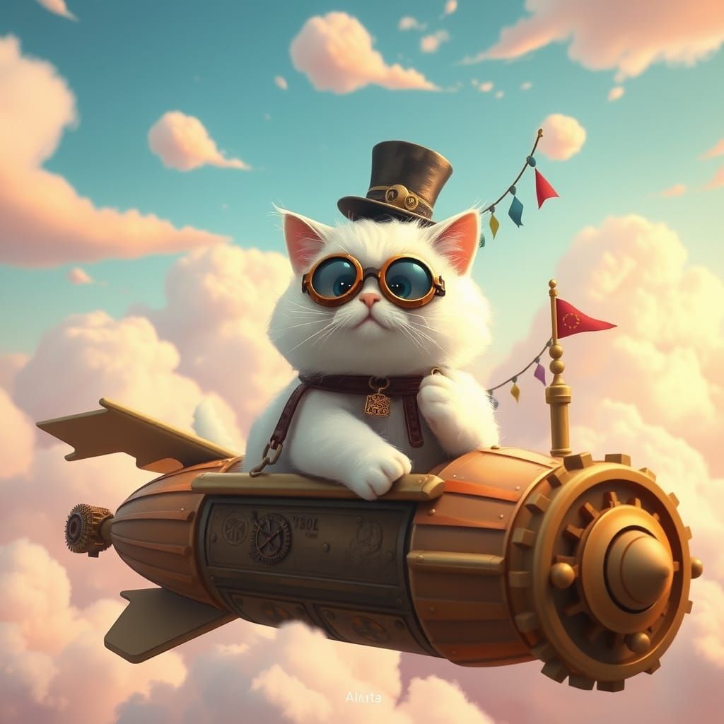 Steampunk Cat Zeppelin in Pastel Sky