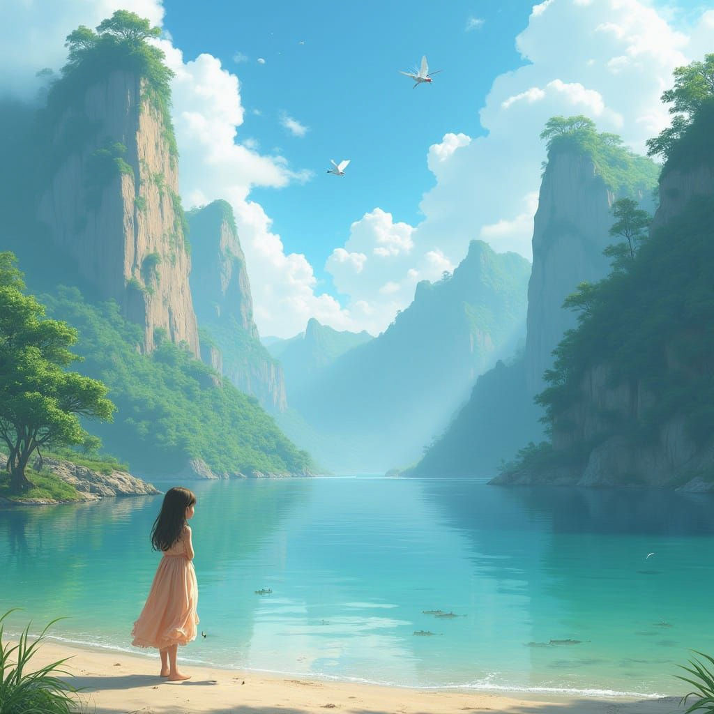 Surreal Seascape with Flying Fish and Arched Mountains