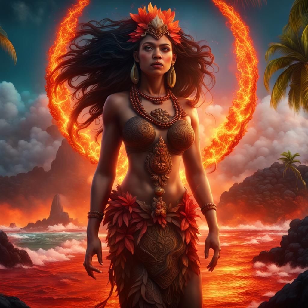 Polynesian Goddess with Lava Hair, Fantasy Art