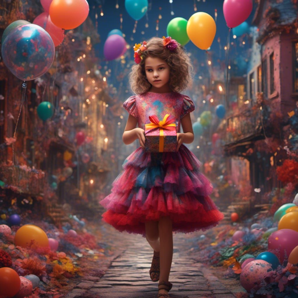 Girl Attends Birthday Party: Detailed Fantasy Art