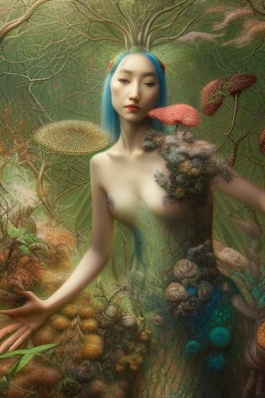 Surreal Woman in Mycelium Network: Digital Art