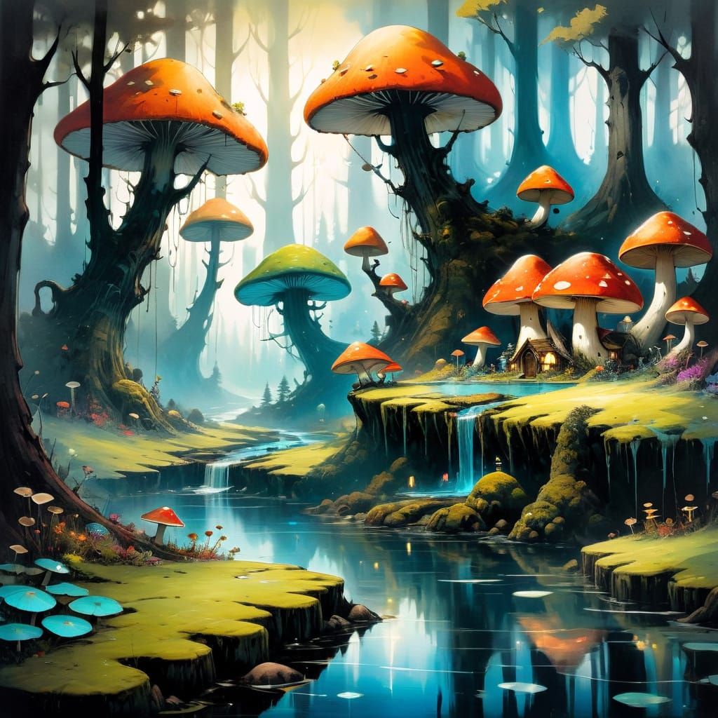 Whimsical Village in Bioluminescent Forest Concept Art