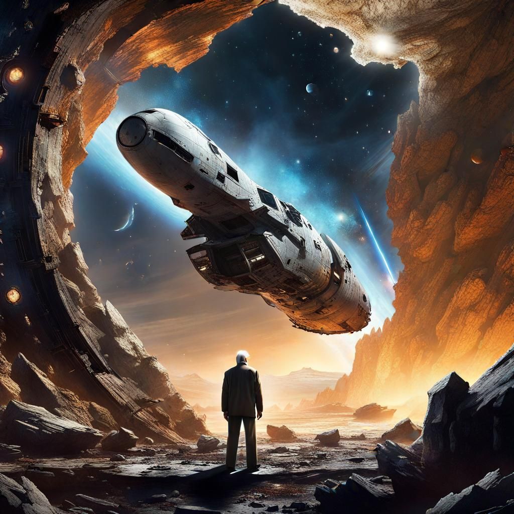 Old Man and Starship Wreckage on Alien Planet