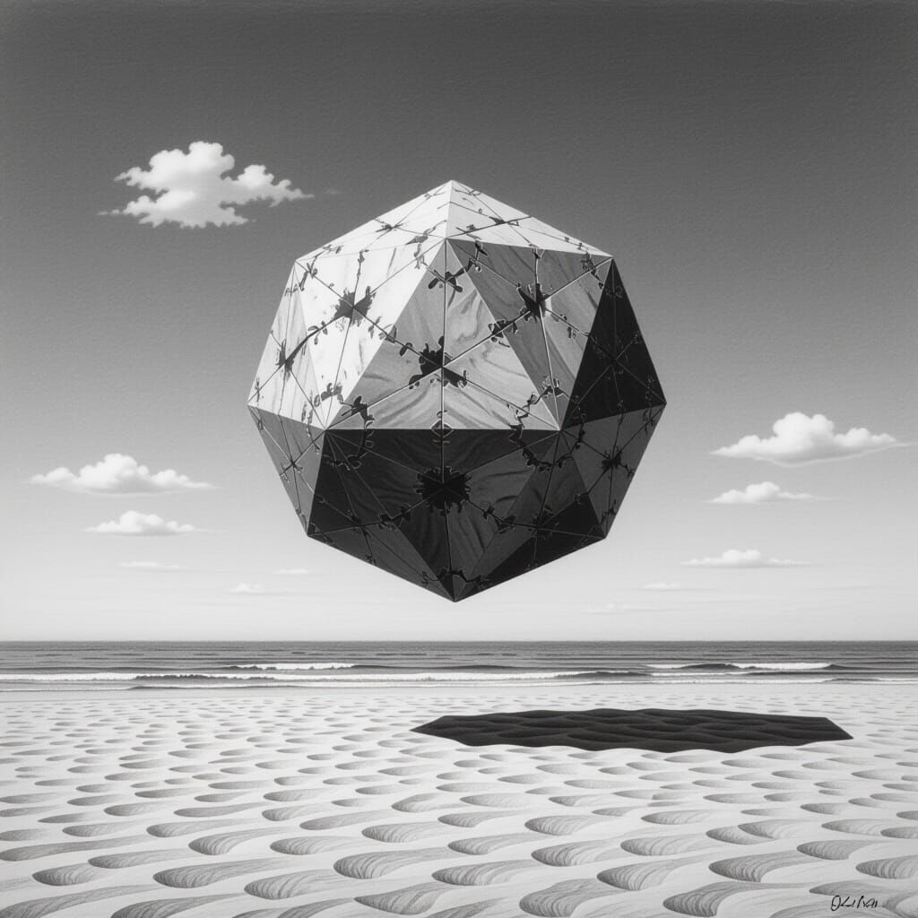 Dodecahedron Floating Above Shoreline in Charcoal Style