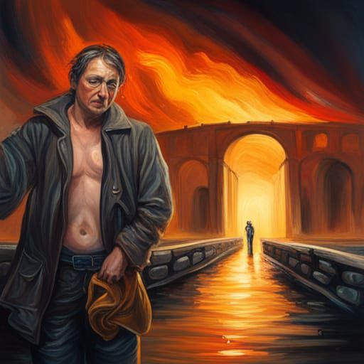 Burning Bridge in Dystopian Hellenistic Oil Painting