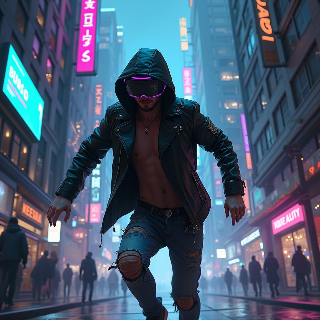 Cyberpunk Hacker in Virtual Reality Cityscape