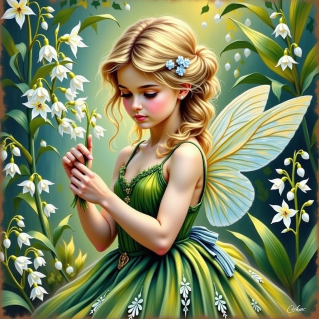 Whimsical Fairy in Emerald Green, Holding Lily of the Valley...