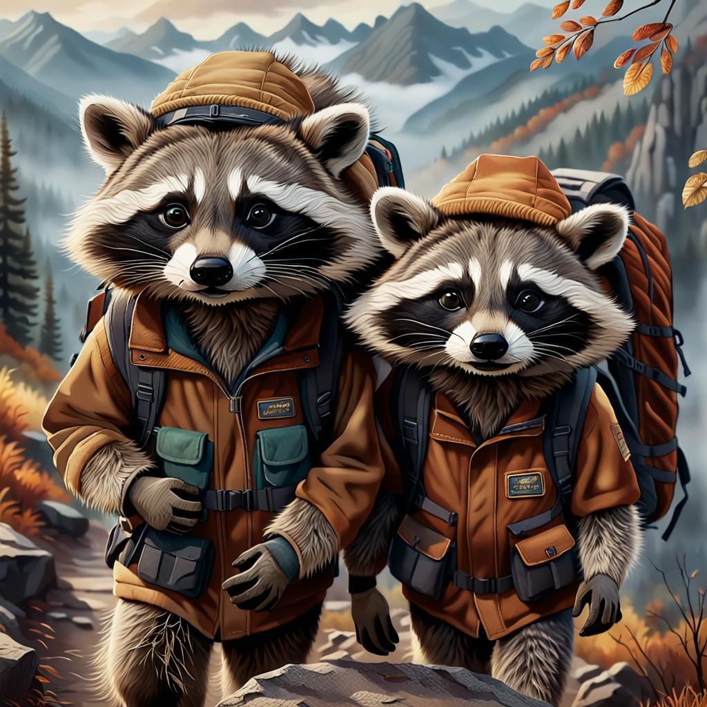 Raccoon Couple on Autumn Mountain Trek