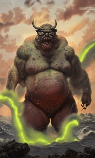 Ogre Floats Above Wasteland: Hyperdetailed Concept Art