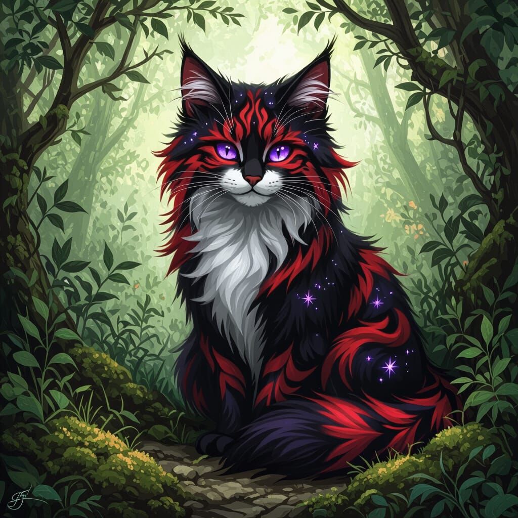 Whimsical Warrior Cat with Stars and Purple Eyes