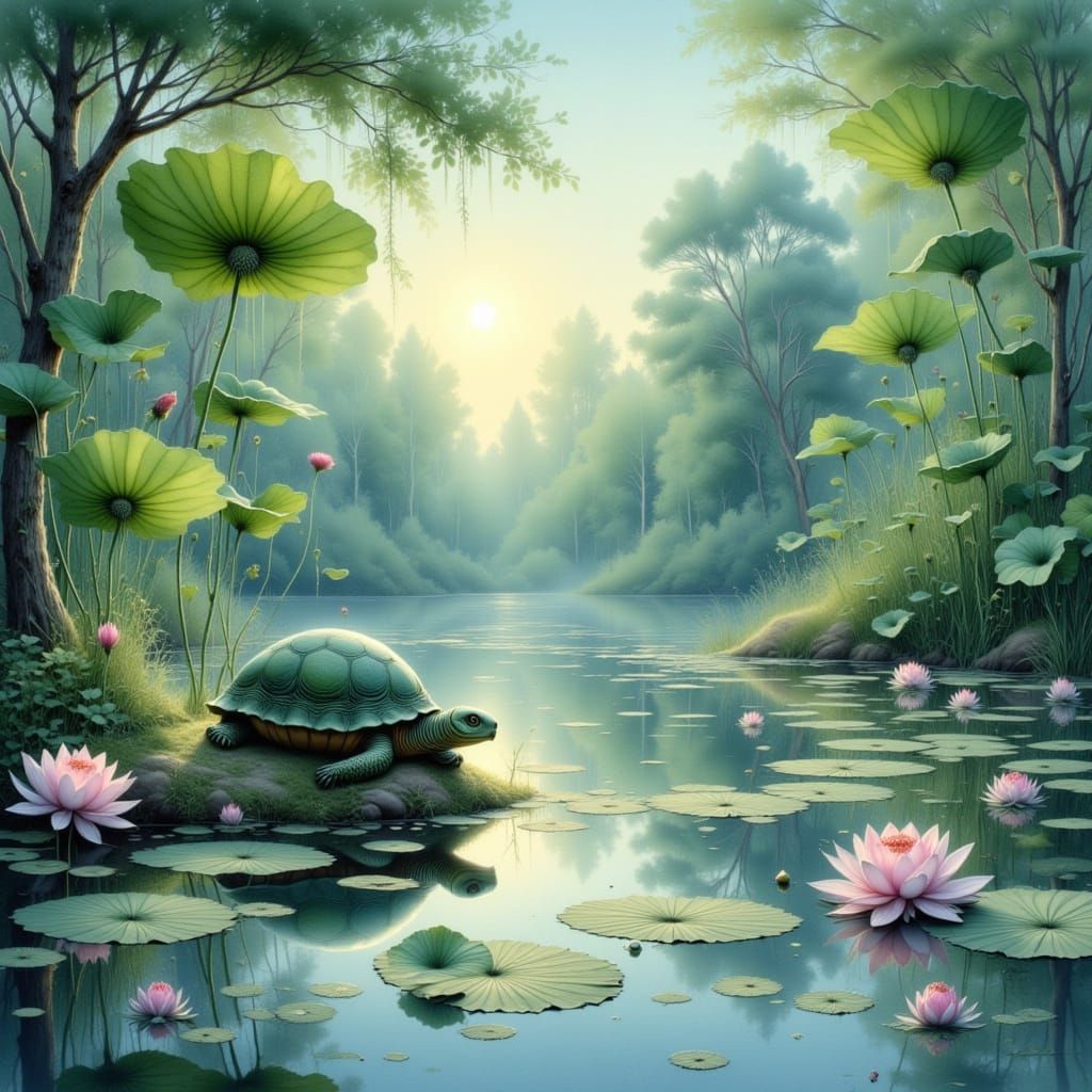 Cute Turtle Sleeping Under Lotus Leaf, Tim Burton Style