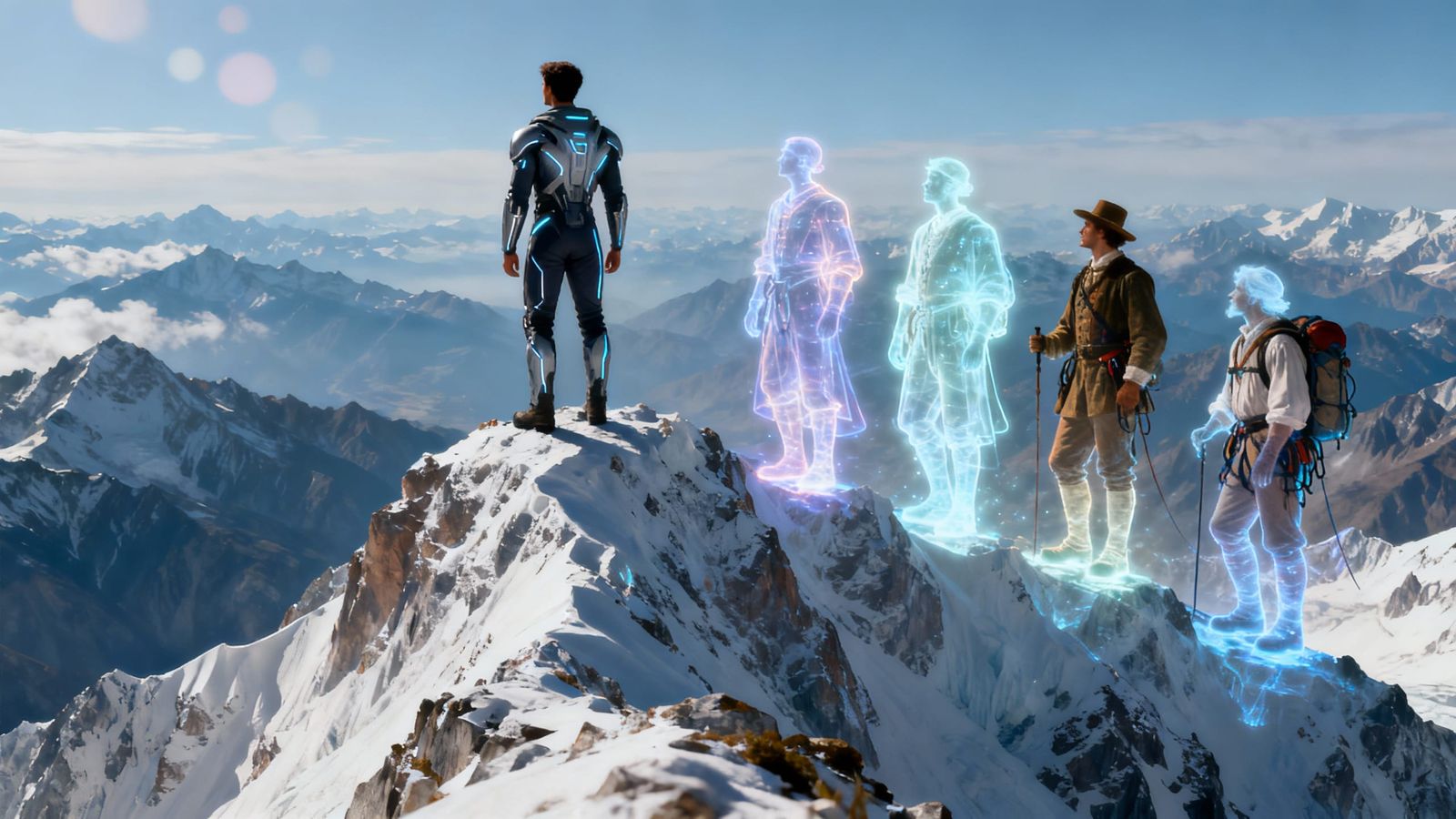 Futuristic Man on Everest with Ethereal Ghosts