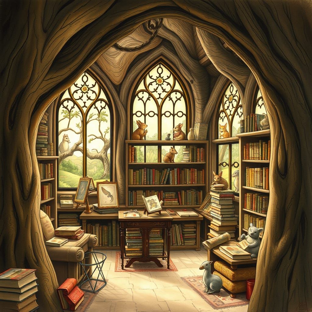 Enchanted Bookshop Inside Ancient Oak Tree