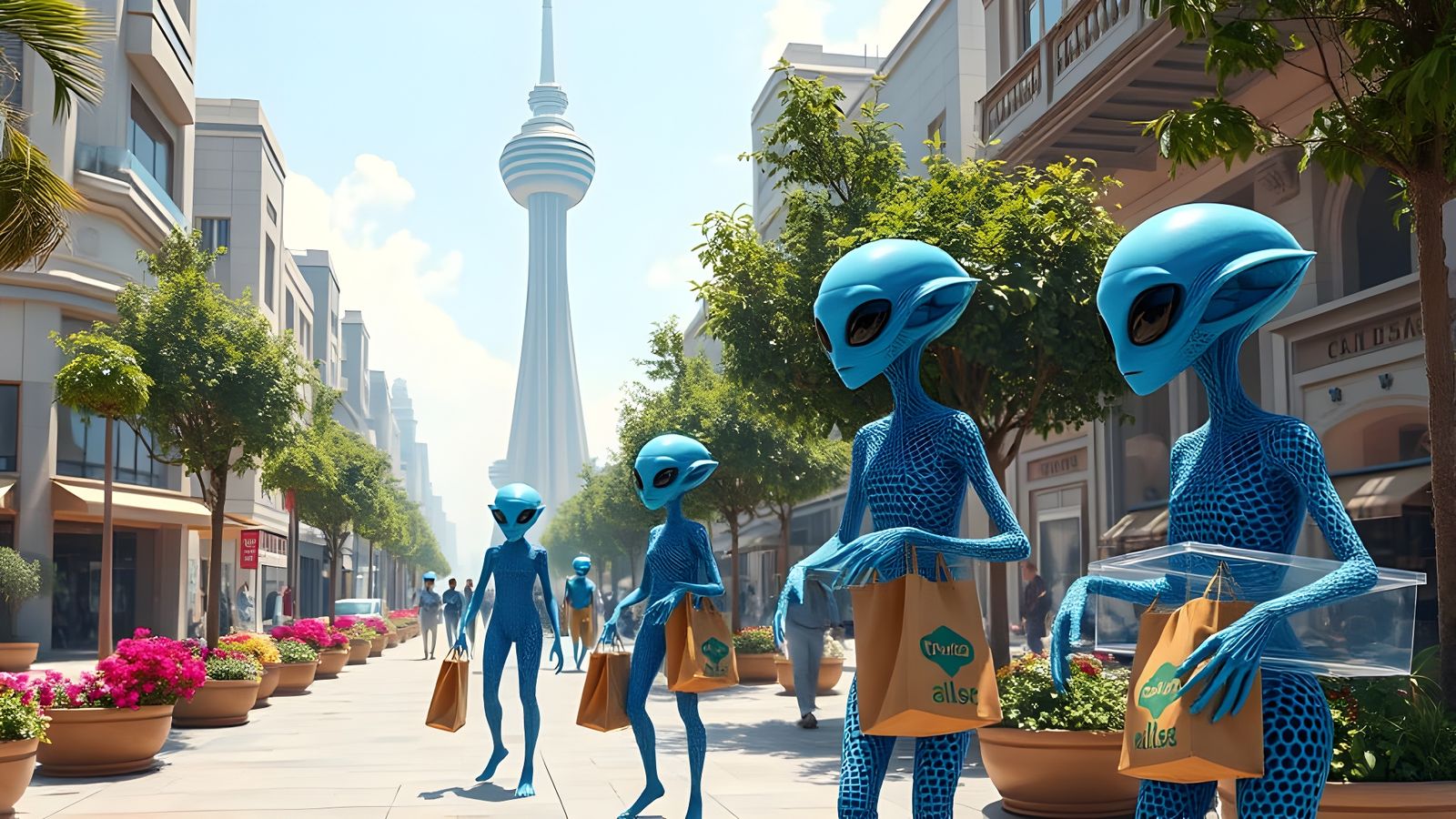 Blue Aliens Shopping in Futuristic City