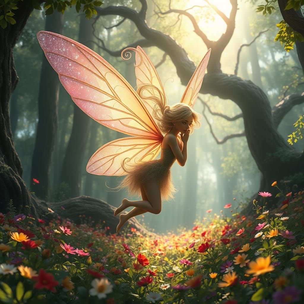 Whimsical Fairy in Vibrant Forest Landscape