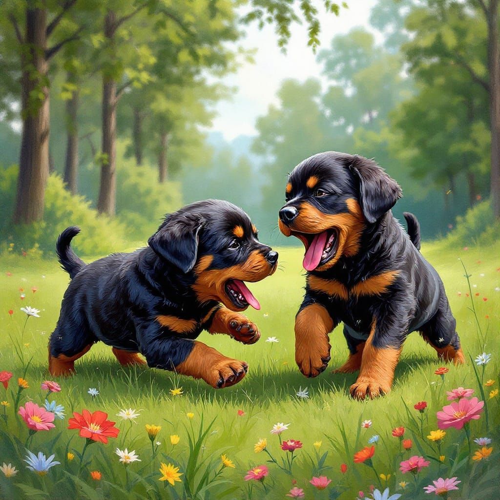 Joyful Rottweiler Puppies in a Whimsical Landscape