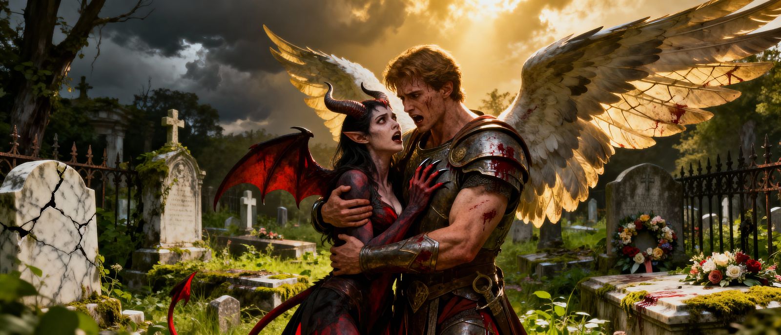 Angel and Demon Embrace in Holy Light