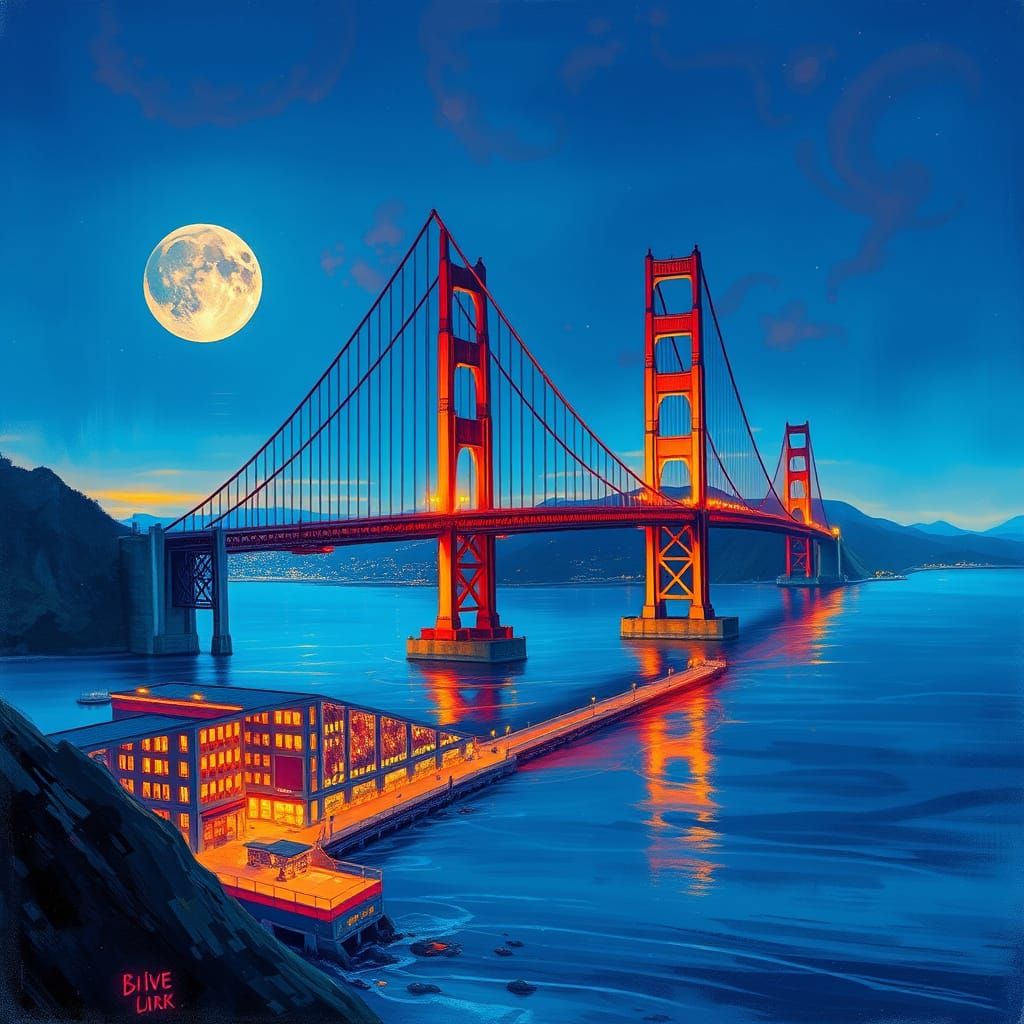 Golden Gate Bridge Twilight Concept Art in Disney Style