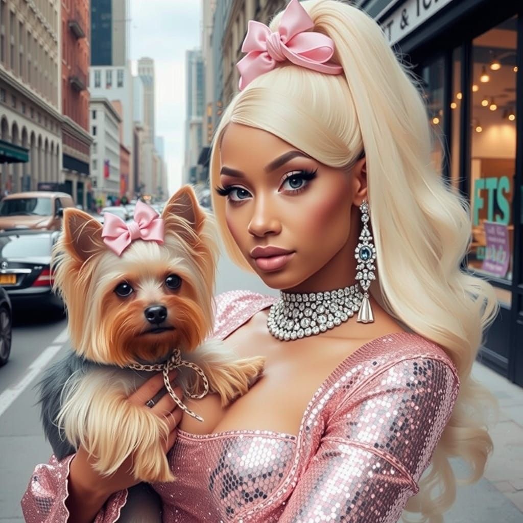 Glamorous Woman with Dog in Urban Setting