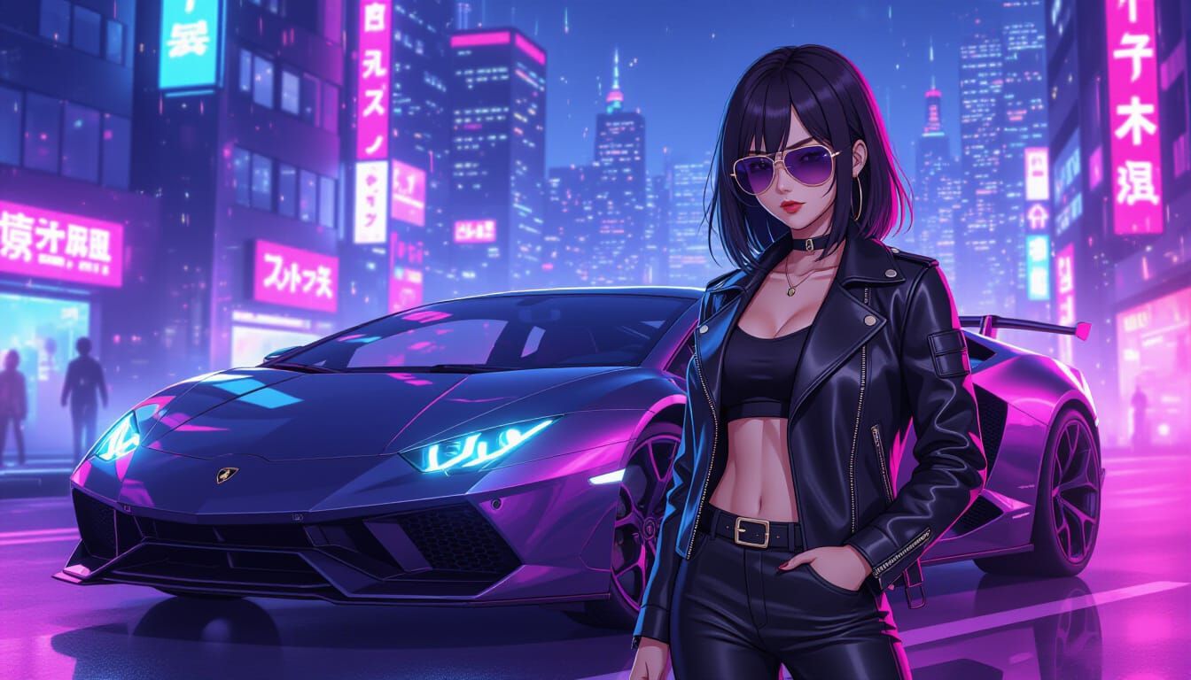 Anime Girl and Lamborghini in Neon Cityscape