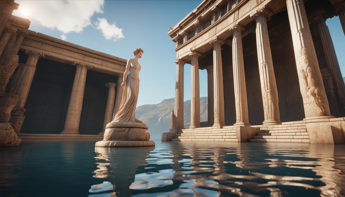Liminal Space with Greek Statues in 3D Rendering