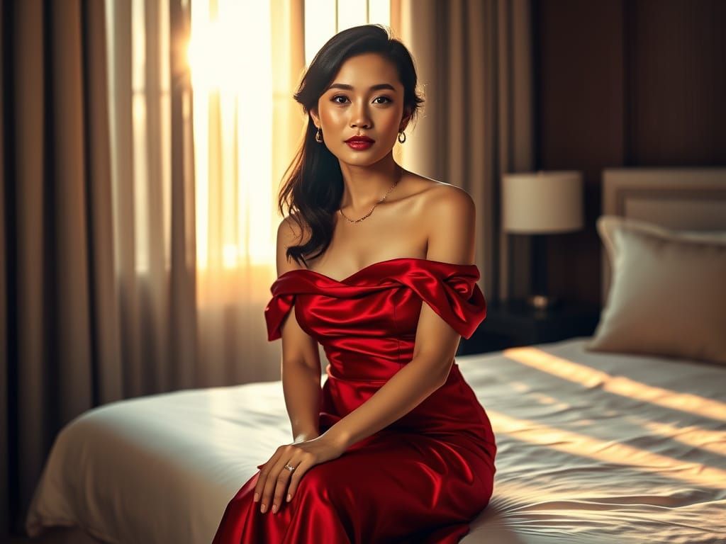 Elegant Woman in Red Dress, Golden Hour Portrait