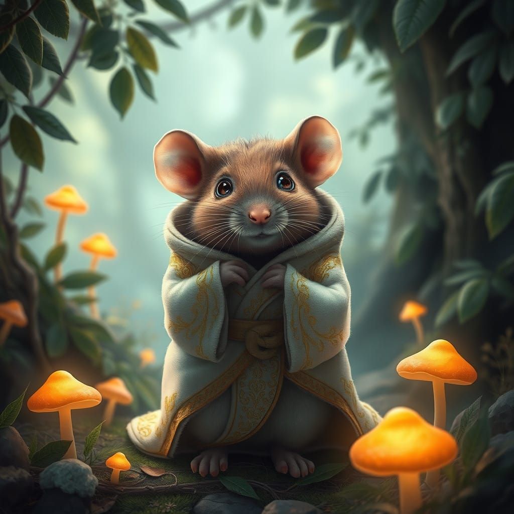Whimsical Baby Rat in Elegant Robe, Amidst Lush Fantasy Land...