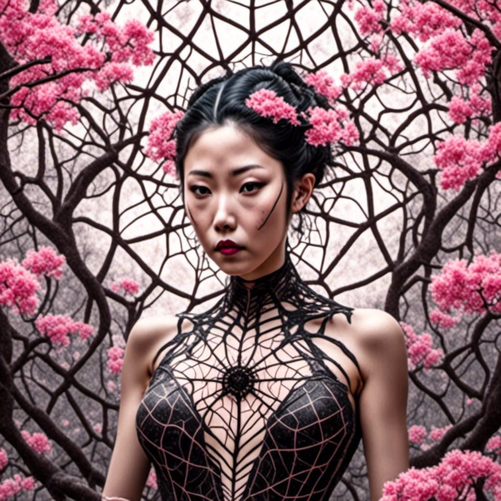 Gothic Asian Beauty with Spiderweb Heart